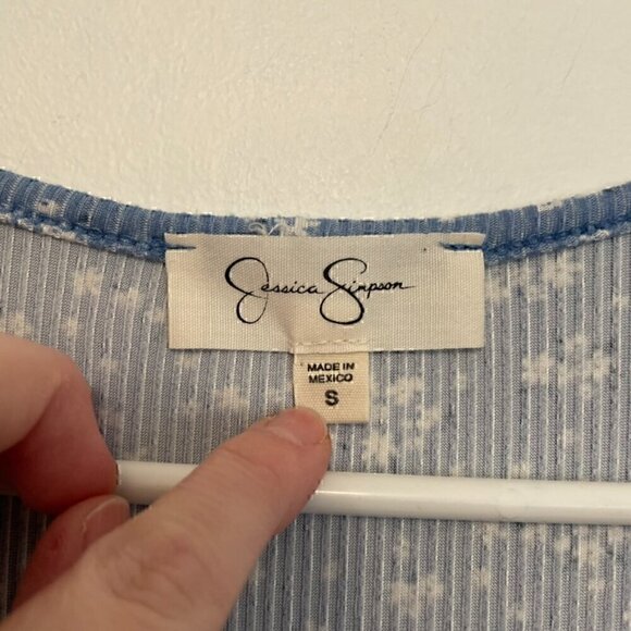 JESSICA SIMPSON Blue White Ditsy Floral Bow Flutter Sleeve Mini Babydoll Dress S - Picture 6 of 14